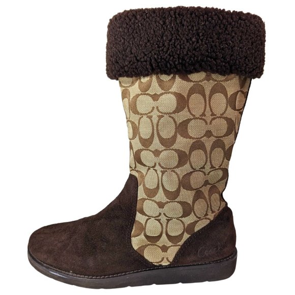 Coach Shoes - Coach 'Kally' Suede & Canvas Brown Sherpa Boots - Women's Sz 9B VTG Y2K